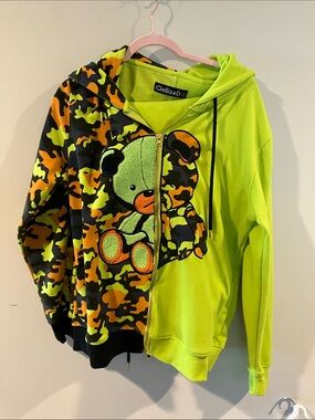 Civilized Split Bear Neon Green & Camo Teddy Zip Hoodie and Sweat Pants